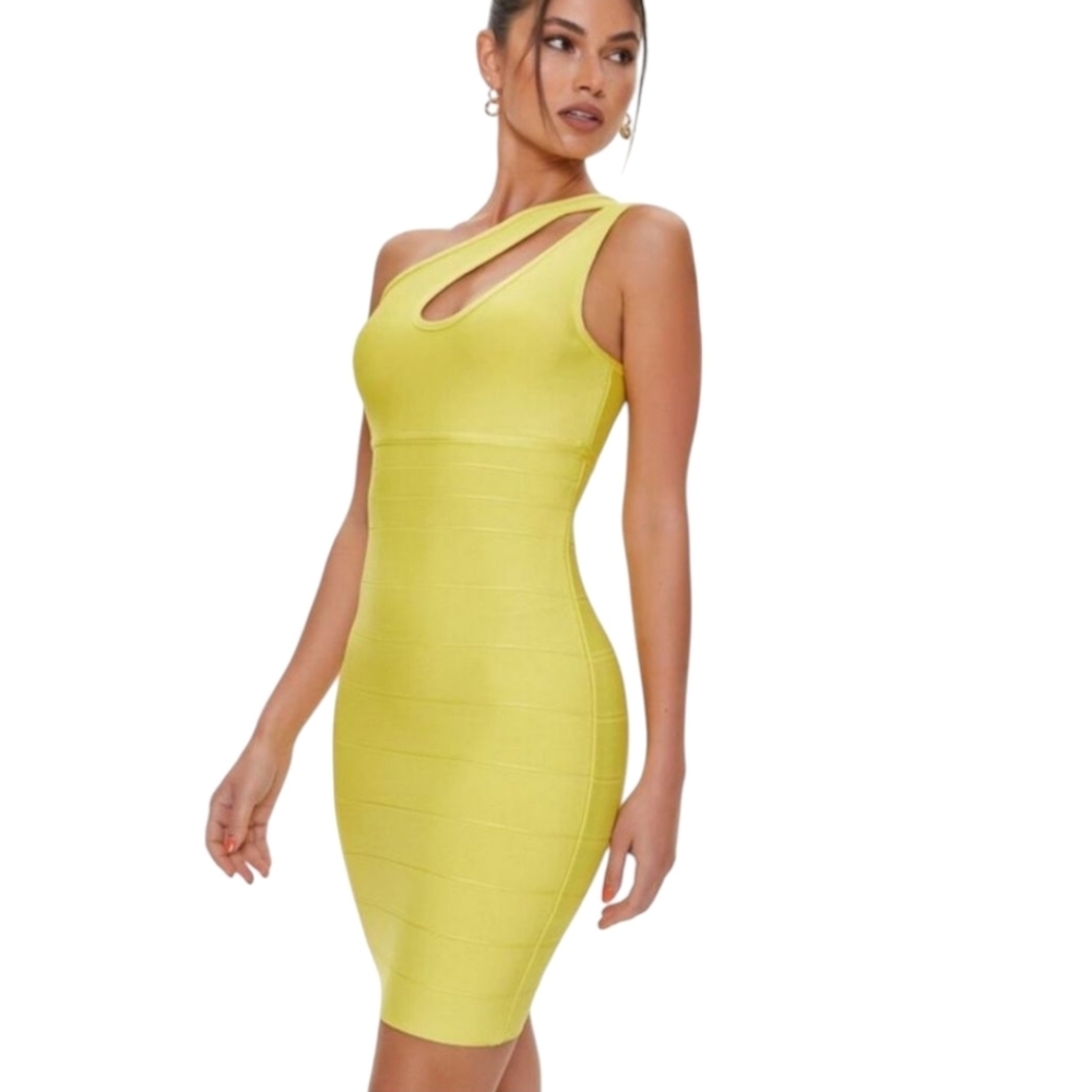 New Herve Leger x Forever 21 Bright Yellow Bandage Sexy One-Shoulder Dress Sz XL